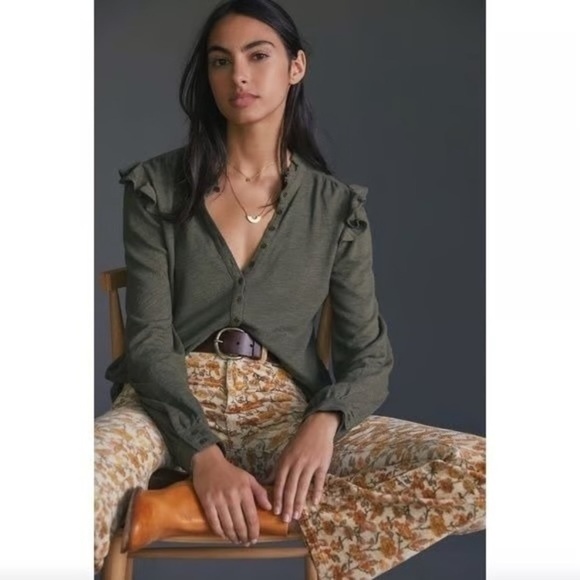 Pilcro Tops - Pilcro Anthropologie Green Ruffle Trim Long Sleeve Shirt Size XS